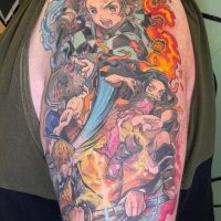 Explore our colorful anime tattoo by Tiny, capturing vibrant artistry and anime-inspired creativity at The Wolves Den. Colorful anime tattoo by Tiny at The Wolves Den Pakenham.