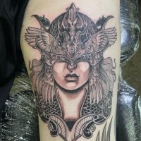 Explore our illustrative warrior tattoo by Tiny, blending artistry with warrior spirit at The Wolves Den. Illustrative warrior tattoo by Tiny at The Wolves Den Pakenham
